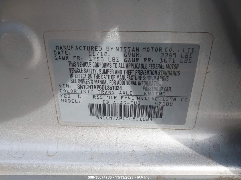 2013 NISSAN VERSA S - 3N1CN7AP6DL851024