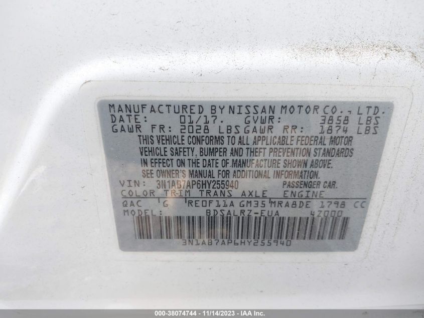 2017 NISSAN SENTRA S/SV/SR/SL - 3N1AB7AP6HY255940