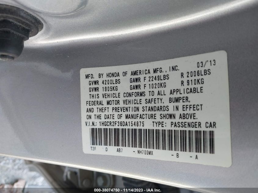 1HGCR2F36DA154875 | 2013 HONDA ACCORD