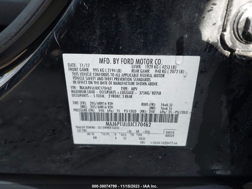 VIN MAJ6P1UL0JC170462 2018 FORD ECOSPORT SE