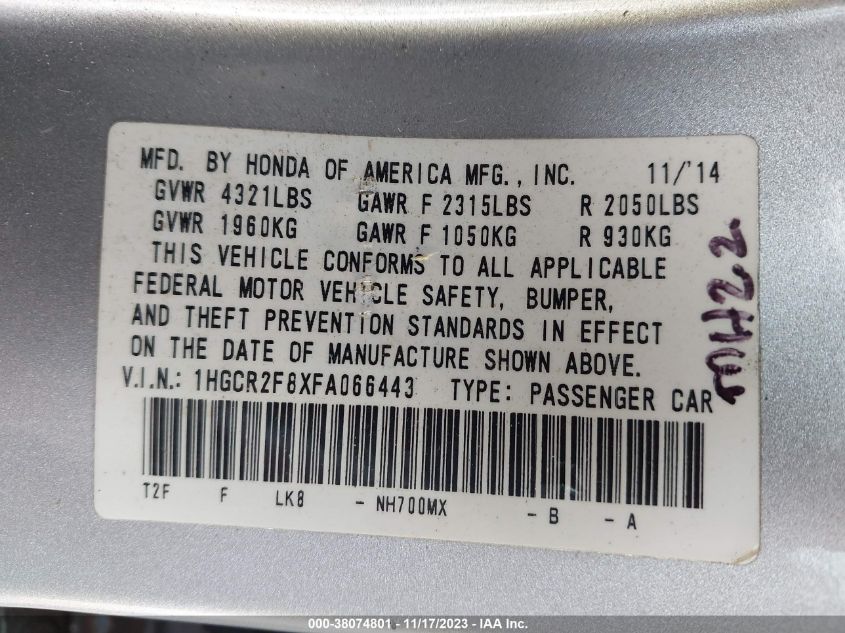 2015 HONDA ACCORD EX-L - 1HGCR2F8XFA066443