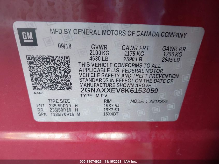 2019 CHEVROLET EQUINOX PREMIER - 2GNAXXEV8K6153059