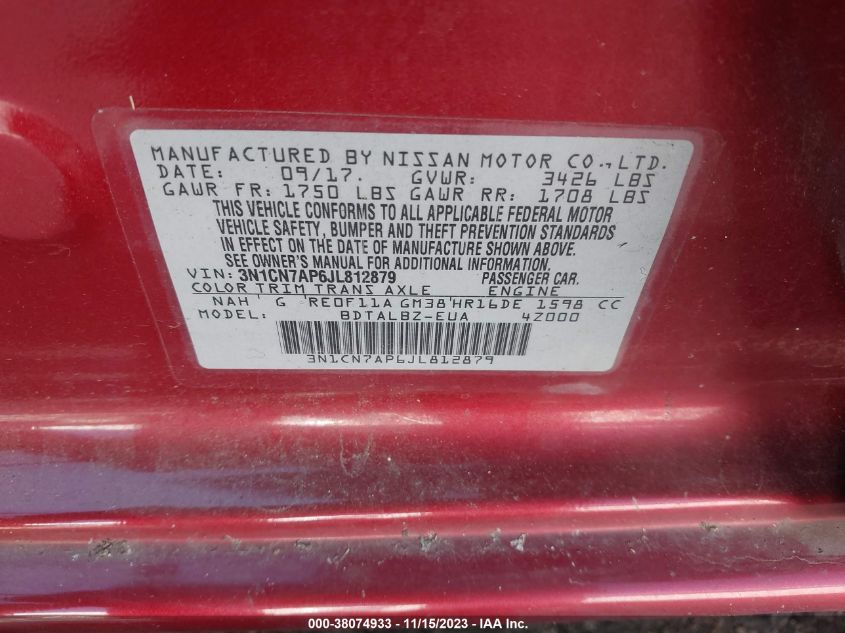 2018 NISSAN VERSA S/S PLUS/SV/SL - 3N1CN7AP6JL812879