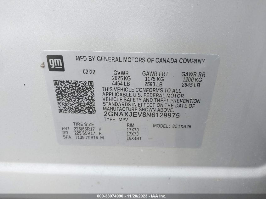 2022 CHEVROLET EQUINOX FWD 2FL - 2GNAXJEV8N6129975