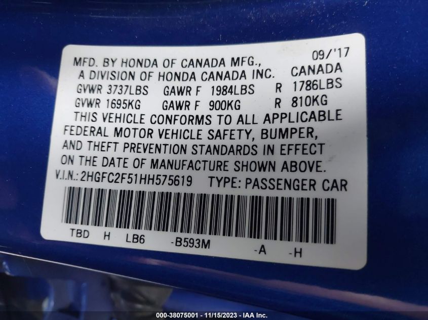 2017 HONDA CIVIC LX - 2HGFC2F51HH575619