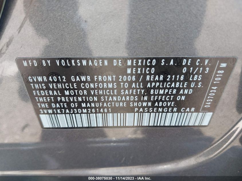 2013 VOLKSWAGEN JETTA SEDAN S 3VW1K7AJ3DM261461