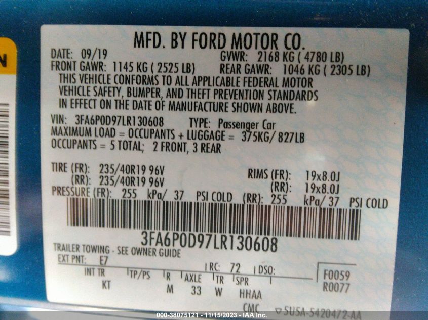 3FA6P0D97LR130608 Ford Fusion TITANIUM 9