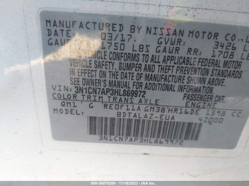 2017 NISSAN VERSA S/S PLUS/SV/SL - 3N1CN7AP3HL869972