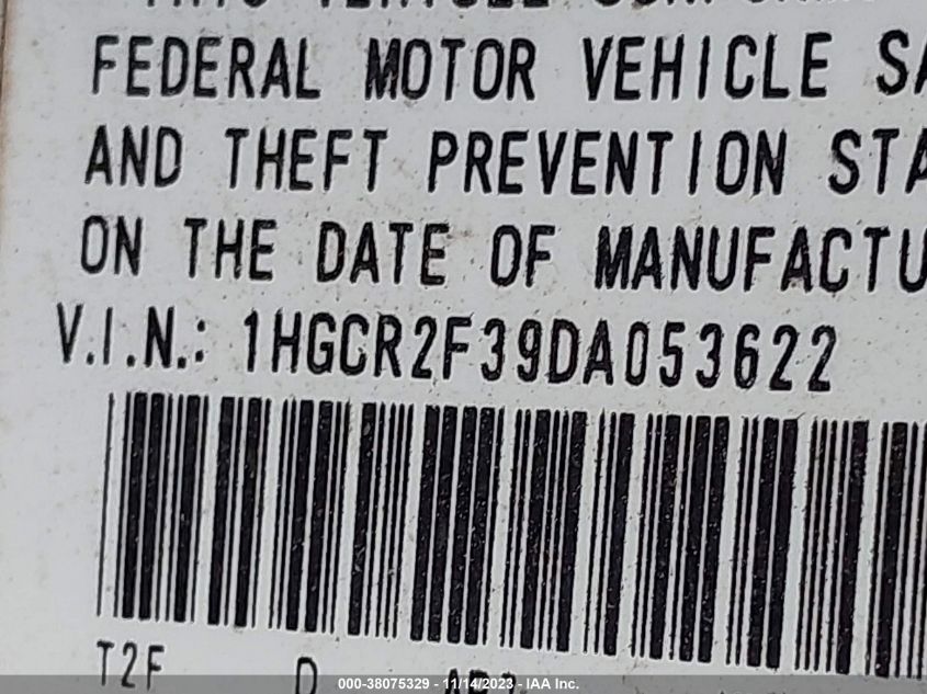 1HGCR2F39DA053622 | 2013 HONDA ACCORD