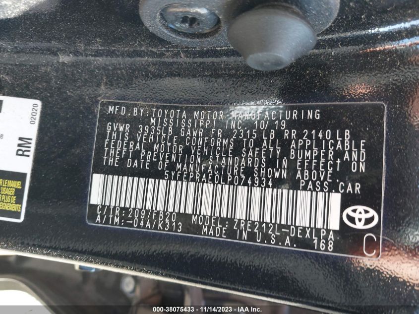 VIN 5YFEPRAE0LP074934 2020 TOYOTA COROLLA LE