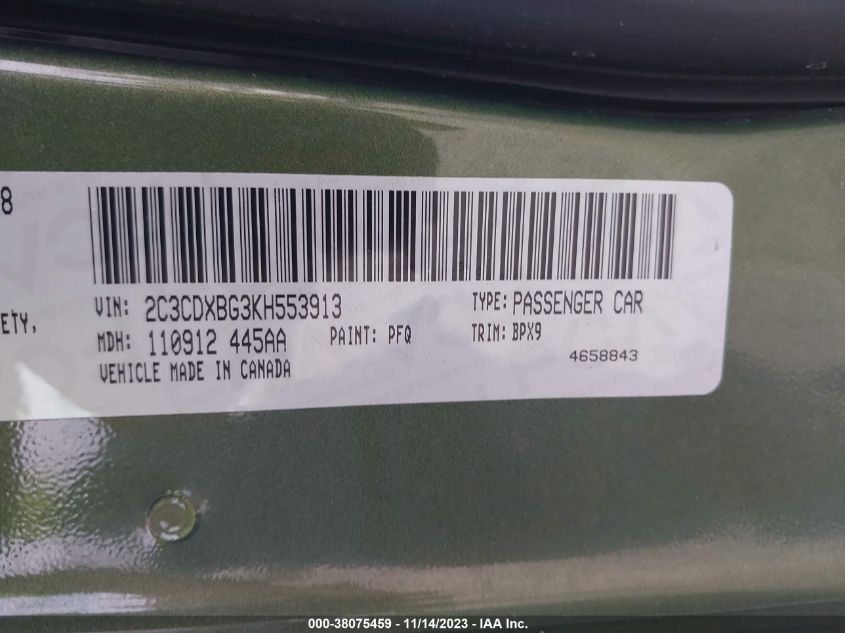 2019 DODGE CHARGER SXT RWD - 2C3CDXBG3KH553913