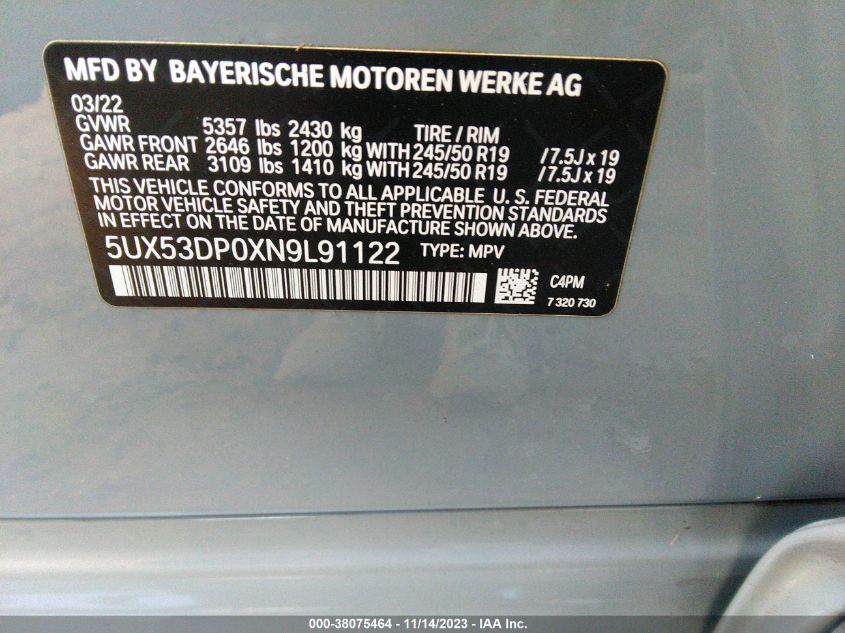 5UX53DP0XN9L91122 2022 BMW X3, photo no. 9