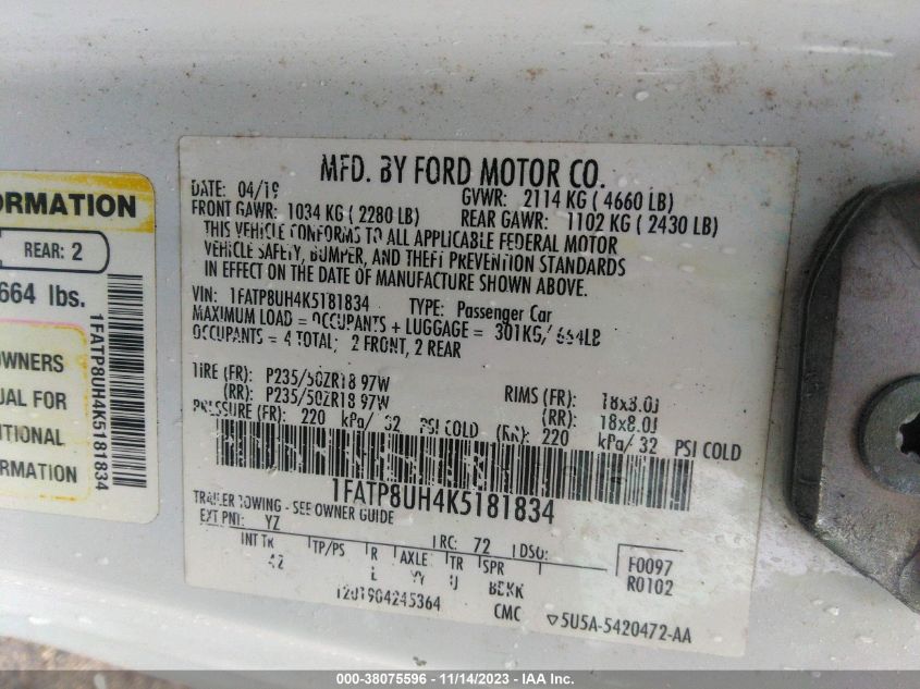 2019 FORD MUSTANG - 1FATP8UH4K5181834