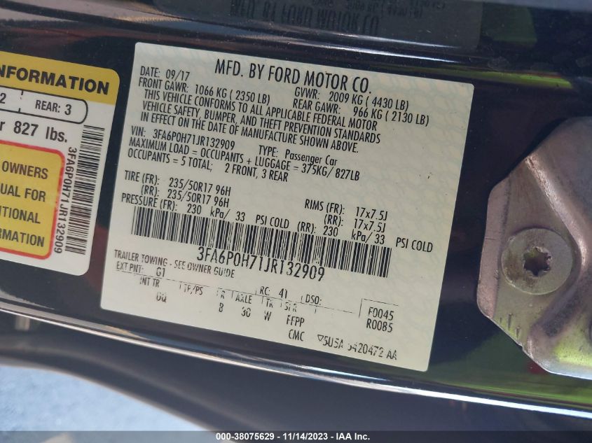2018 FORD FUSION SE - 3FA6P0H71JR132909