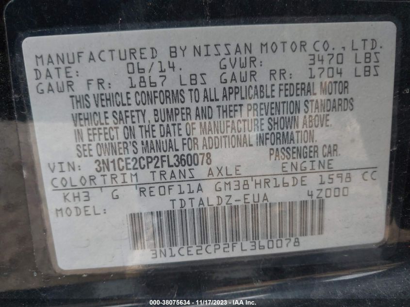 2015 NISSAN VERSA NOTE SV - 3N1CE2CP2FL360078