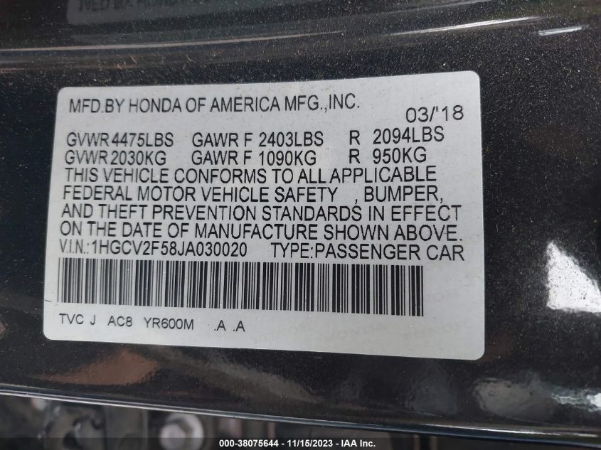 2018 HONDA ACCORD EXL - 1HGCV2F58JA030020