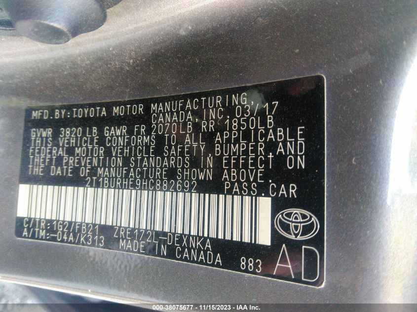 2017 TOYOTA COROLLA L/LE/XLE/SE/XSE - 2T1BURHE9HC882692