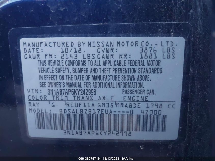 2019 NISSAN SENTRA S/SV/SR/SL - 3N1AB7AP6KY242998