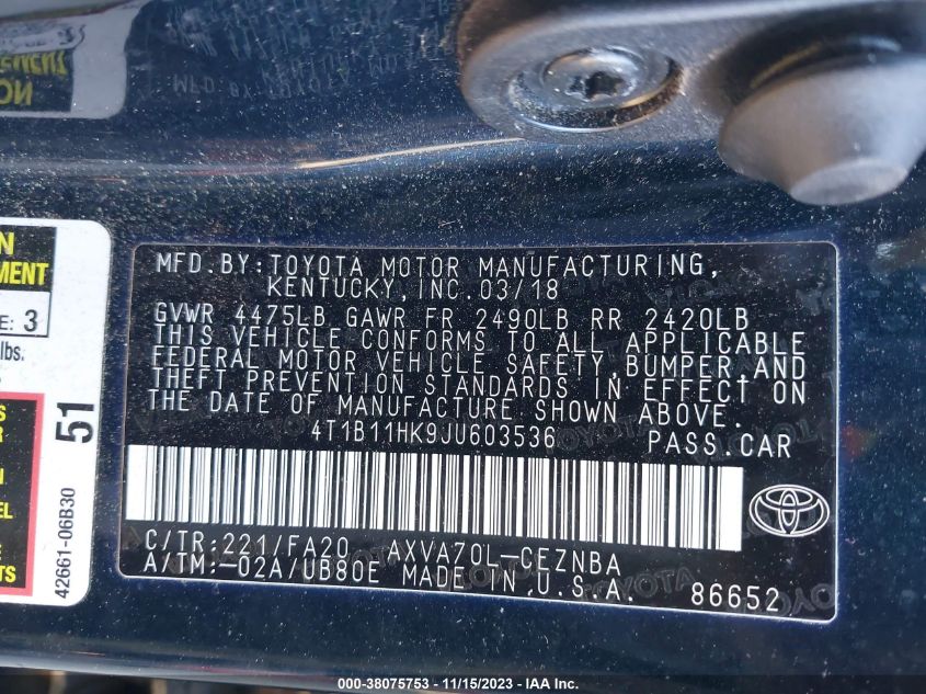 2018 TOYOTA CAMRY L/LE/XLE/SE/XSE - 4T1B11HK9JU603536