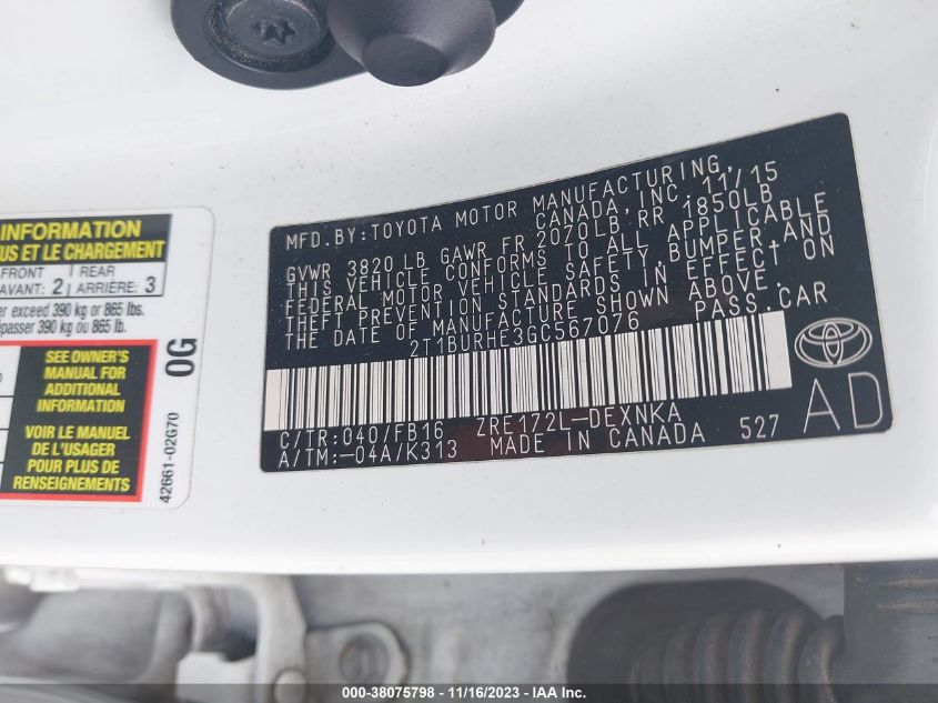 2016 TOYOTA COROLLA L/LE/S/S PLUS/LE PLUS - 2T1BURHE3GC567076