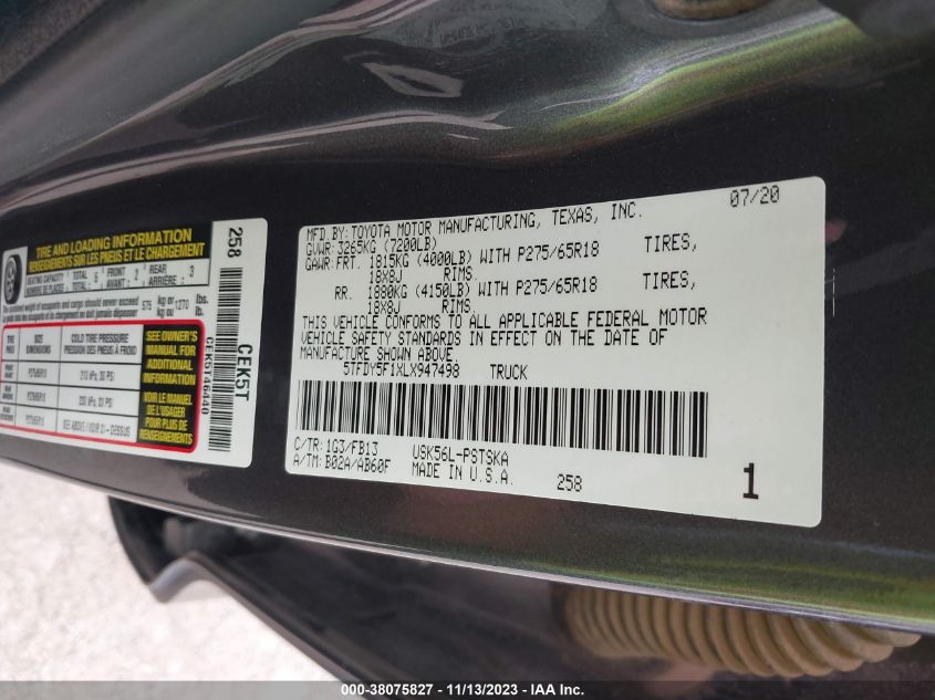 2020 TOYOTA TUNDRA SR5 5TFDY5F1XLX947498