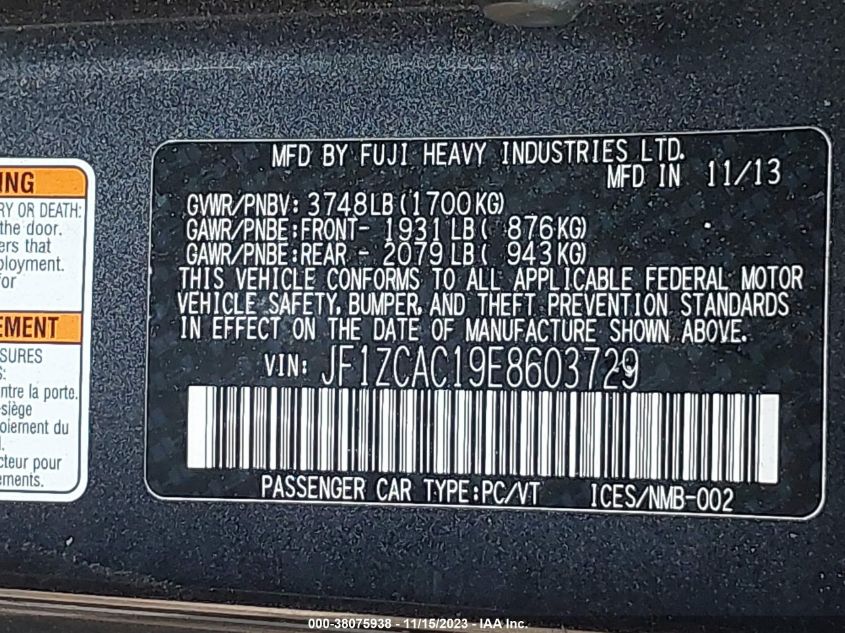 2014 SUBARU BRZ 2.0 LIMITED - JF1ZCAC19E8603729