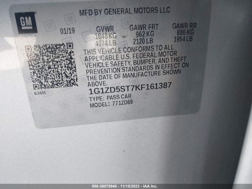 2019 CHEVROLET MALIBU LT - 1G1ZD5ST7KF161387