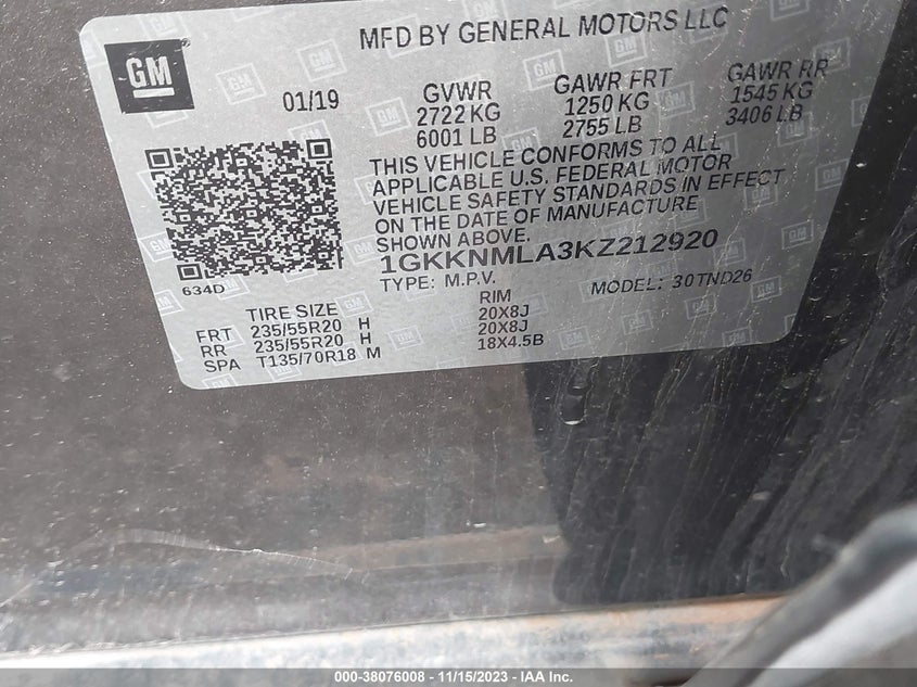 VIN 1GKKNMLA3KZ212920 2019 GMC ACADIA SLT-1