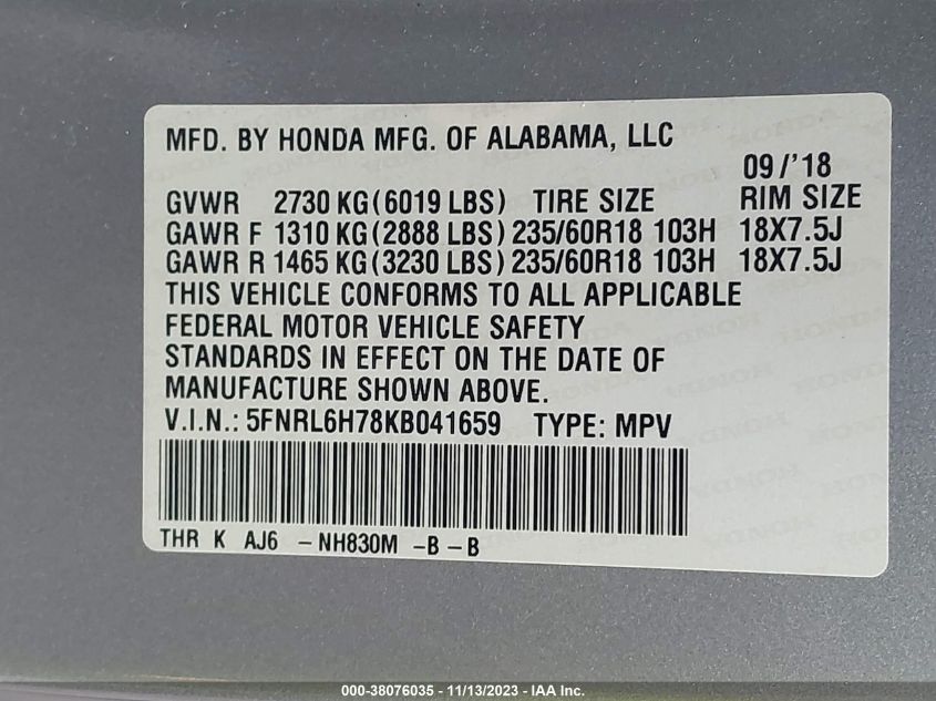 VIN 5FNRL6H78KB041659 2019 HONDA ODYSSEY EX-L