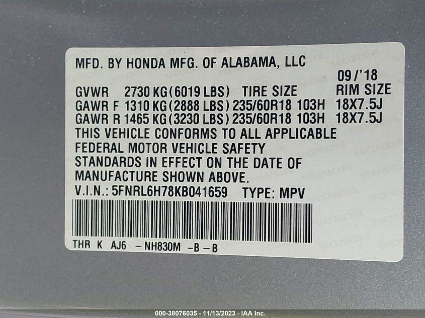 5FNRL6H78KB041659 Honda Odyssey  9