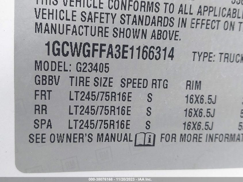 2014 CHEVROLET EXPRESS 2500 WORK VAN 1GCWGFFA3E1166314