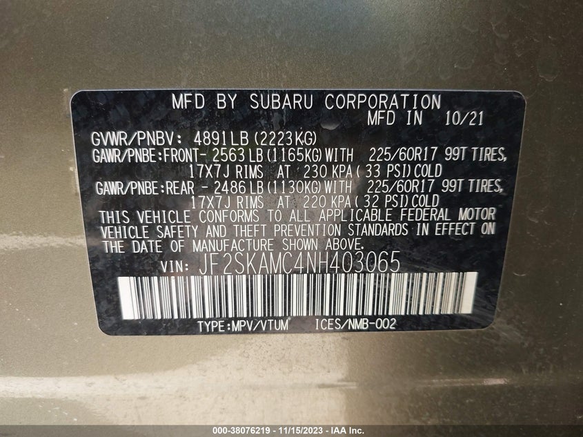 VIN JF2SKAMC4NH403065 2022 SUBARU FORESTER WILDERNESS