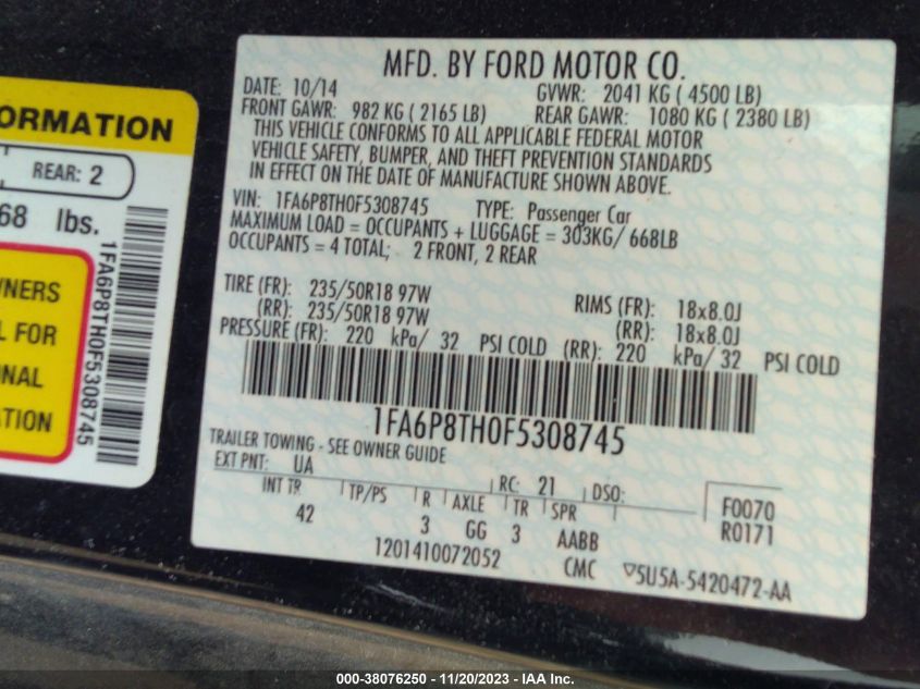 2015 FORD MUSTANG ECOBOOST - 1FA6P8TH0F5308745