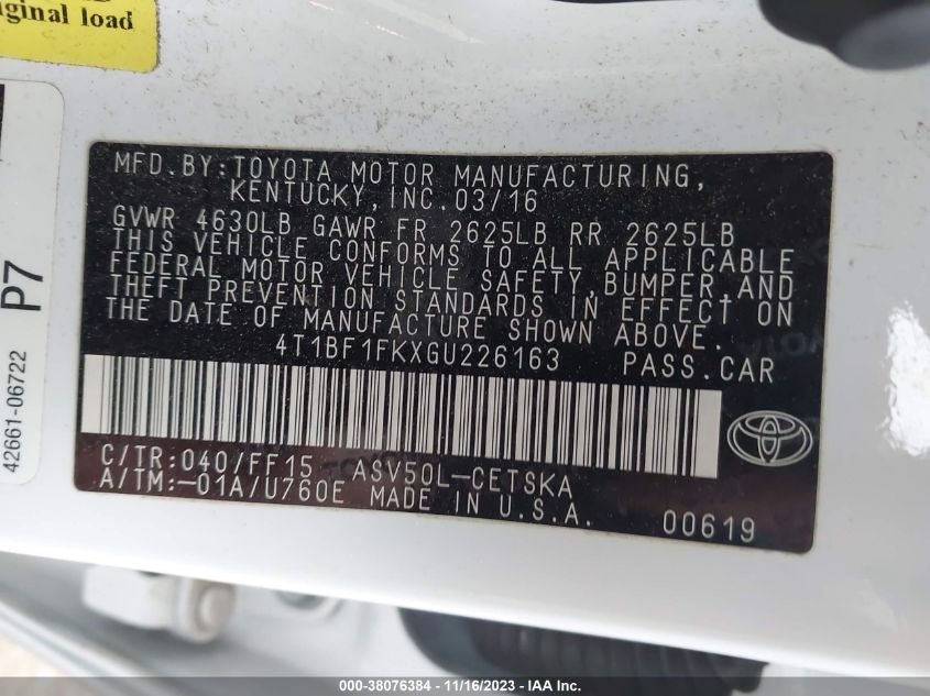 2016 TOYOTA CAMRY LE/XLE/SE/XSE - 4T1BF1FKXGU226163