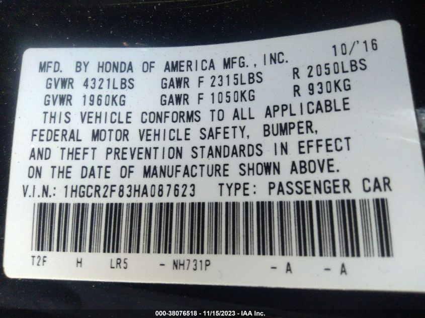 2017 HONDA ACCORD EXL - 1HGCR2F83HA087623