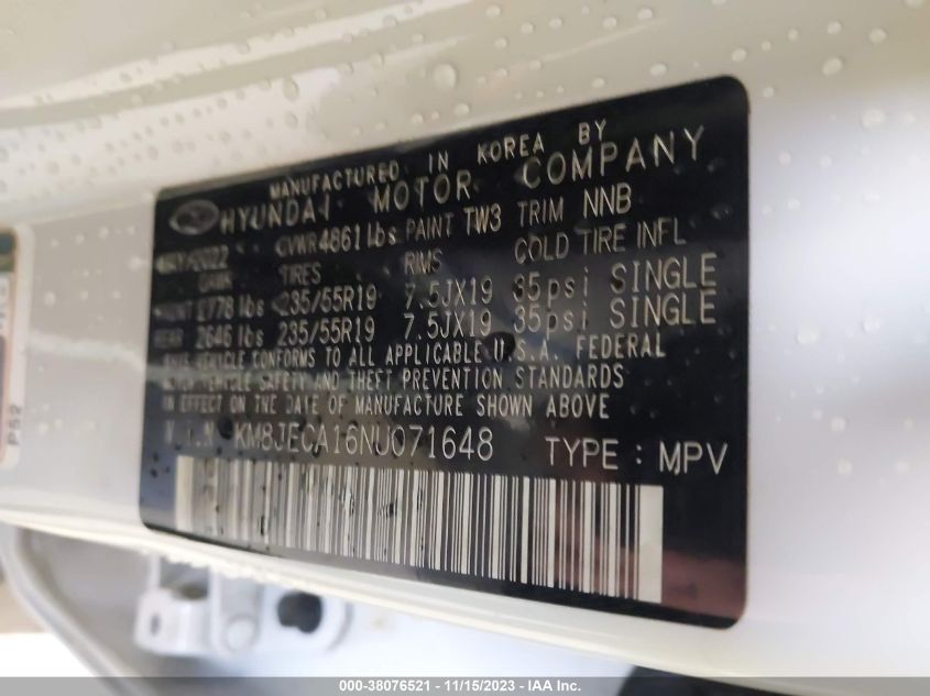2022 HYUNDAI TUCSON HYBRID LIMITED KM8JECA16NU071648