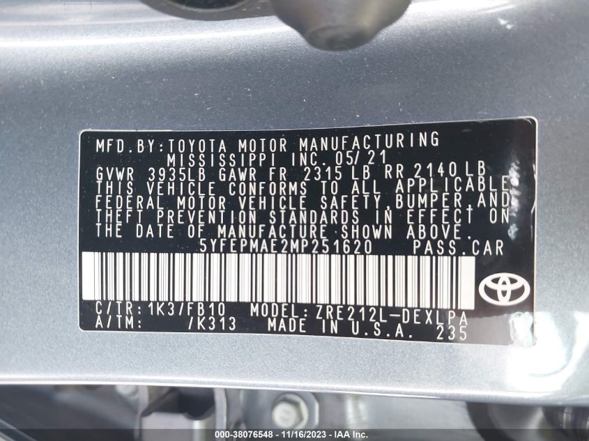 2021 TOYOTA COROLLA LE - 5YFEPMAE2MP251620