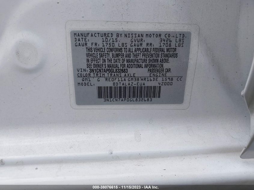 2016 NISSAN VERSA S/S PLUS/SV/SL - 3N1CN7AP0GL832683