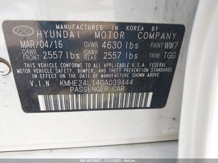 2016 HYUNDAI SONATA HYBRID SE - KMHE24L14GA039444