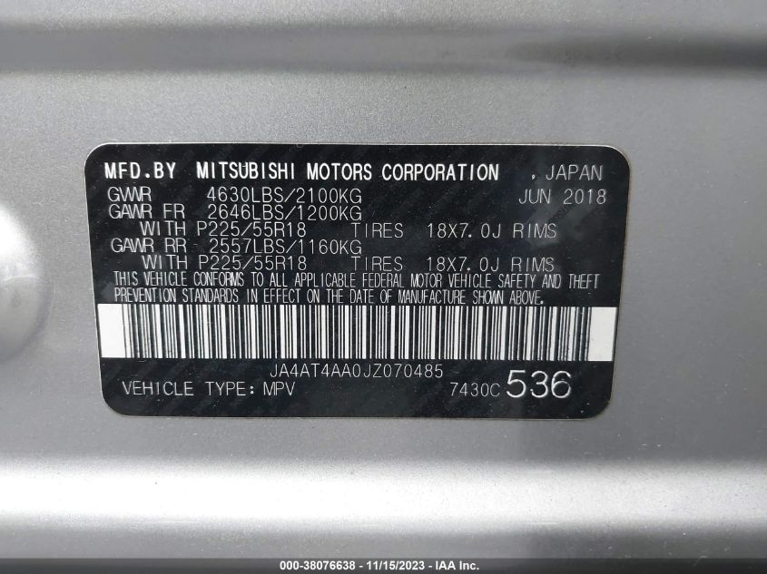VIN JA4AT4AA0JZ070485 2018 MITSUBISHI ECLIPSE CROSS LE