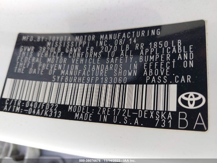2015 TOYOTA COROLLA S PLUS - 5YFBURHE9FP183060