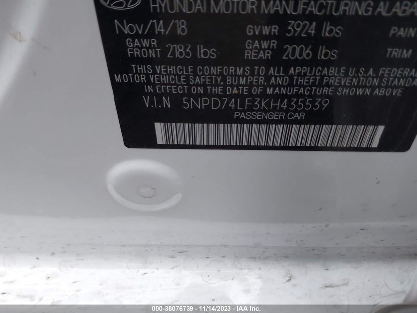 VIN 5NPD74LF3KH435539 2019 HYUNDAI ELANTRA SE