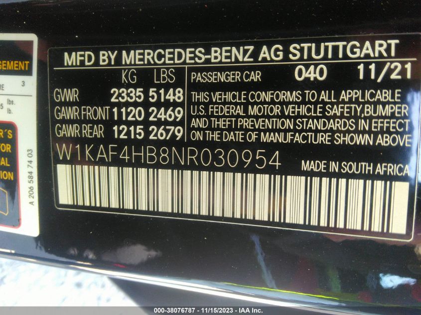 VIN W1KAF4HB8NR030954 2022 MERCEDES-BENZ C 300 4MATIC SEDAN