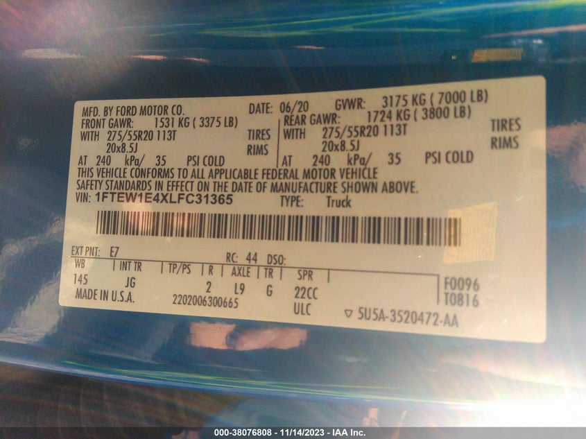 VIN 1FTEW1E4XLFC31365 2020 FORD F-150 XL