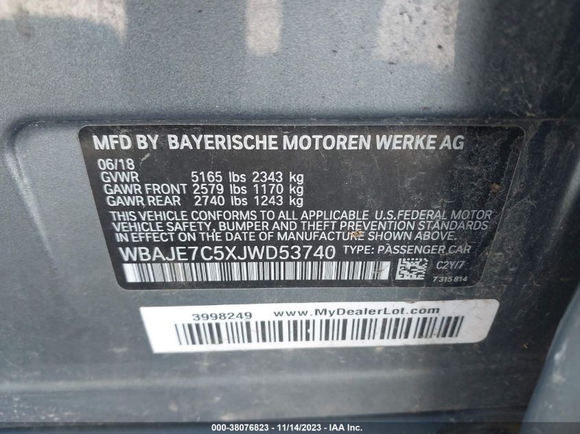 2018 BMW 540I XDRIVE WBAJE7C5XJWD53740