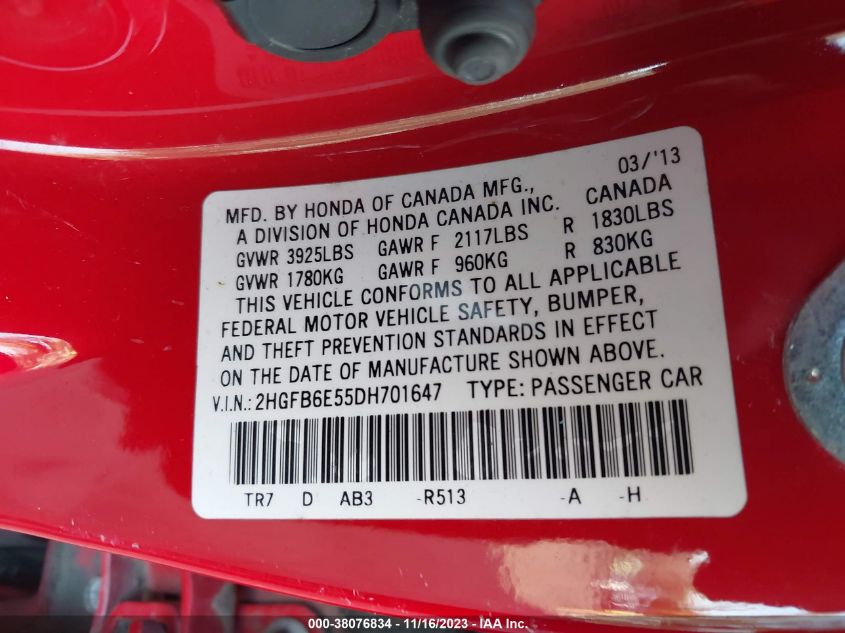 2013 HONDA CIVIC SI - 2HGFB6E55DH701647