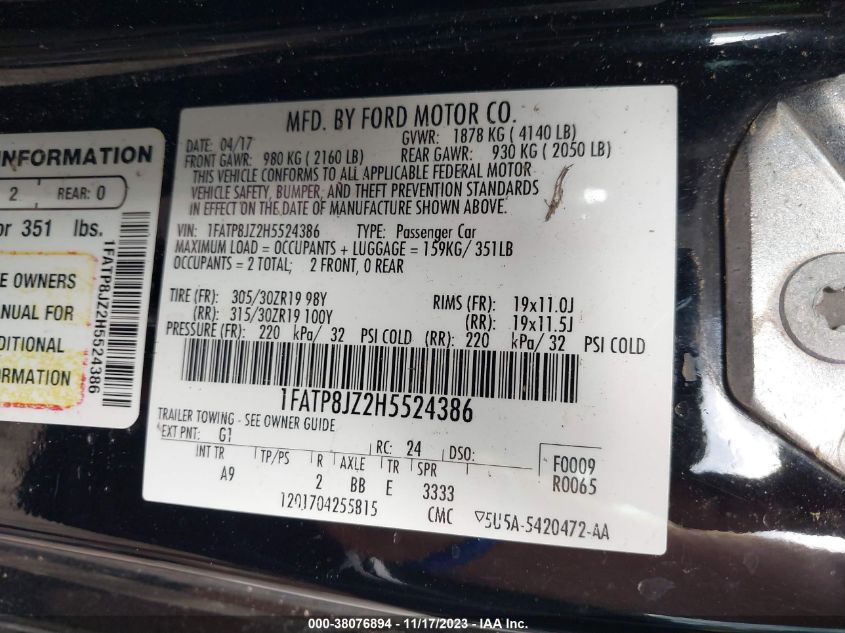 2017 FORD SHELBY GT350 - 1FATP8JZ2H5524386