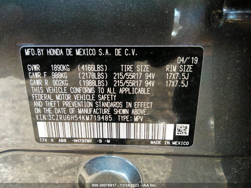 2019 HONDA HR-V EX - 3CZRU6H54KM719485