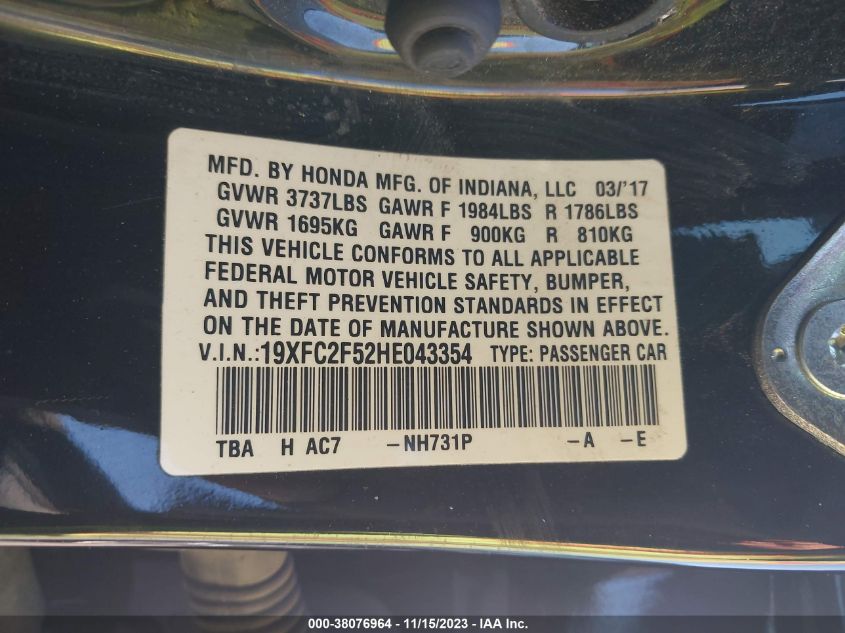 2017 HONDA CIVIC LX - 19XFC2F52HE043354
