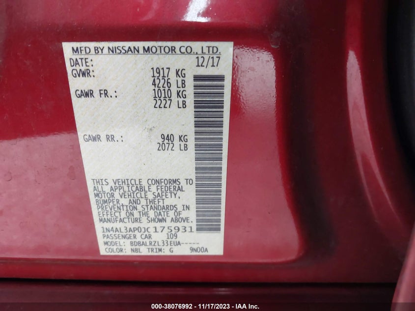 VIN 1N4AL3AP0JC175931 2018 NISSAN ALTIMA 2.5 SL